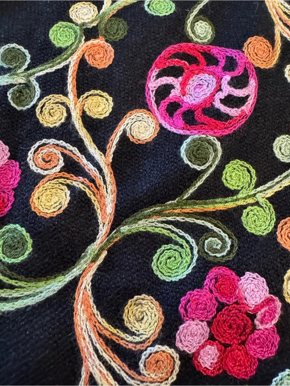 Embroidered Floral Fringe Scarf - Black with Pink & Green